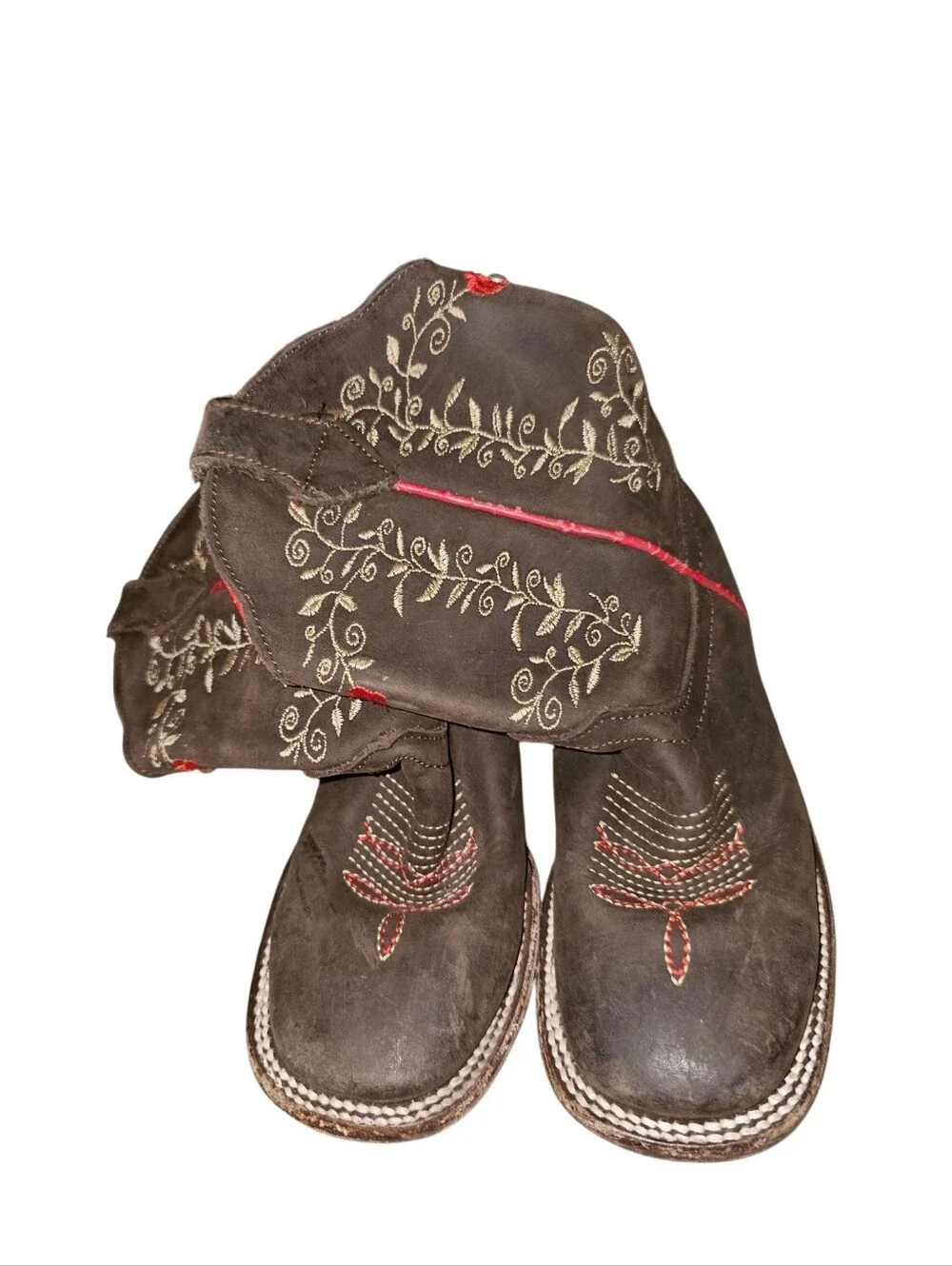 Quincy Brown Embroidered Suede Boots with Red Accents
